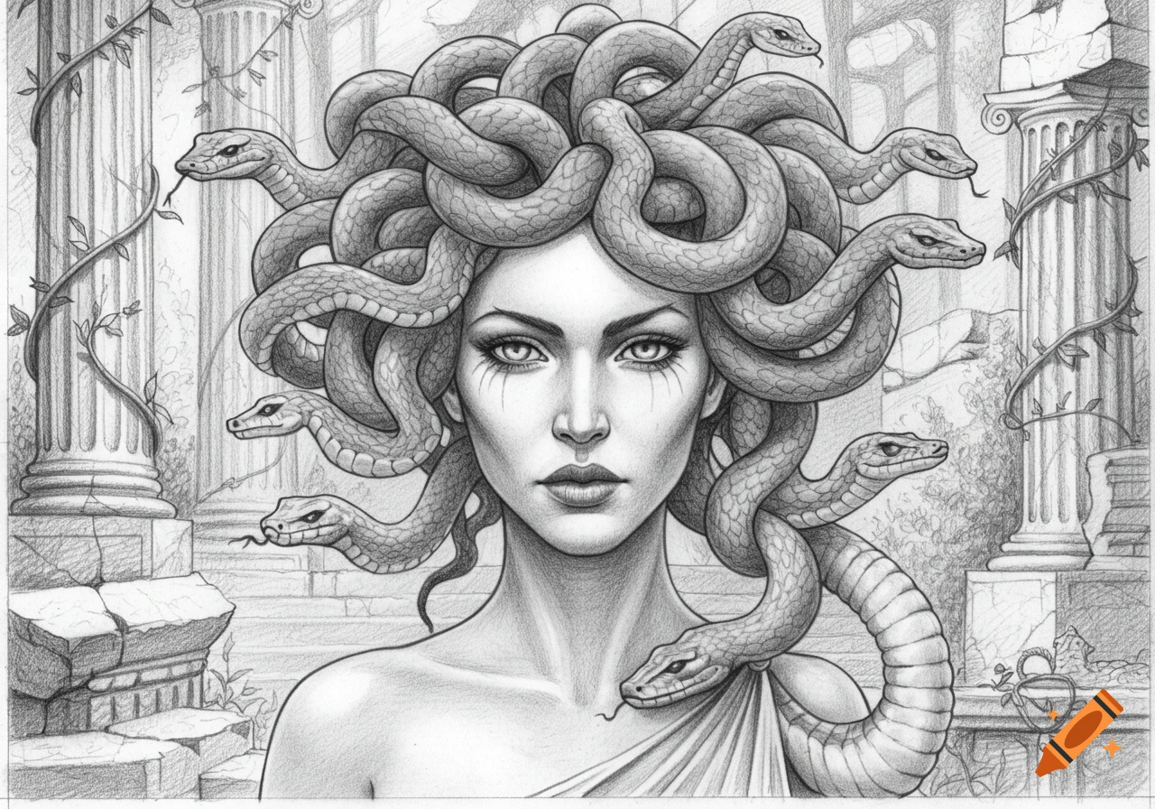 A detailed pencil sketch of Medusa, a mythological woman with snakes for hair, staring forward amidst ancient ruins.