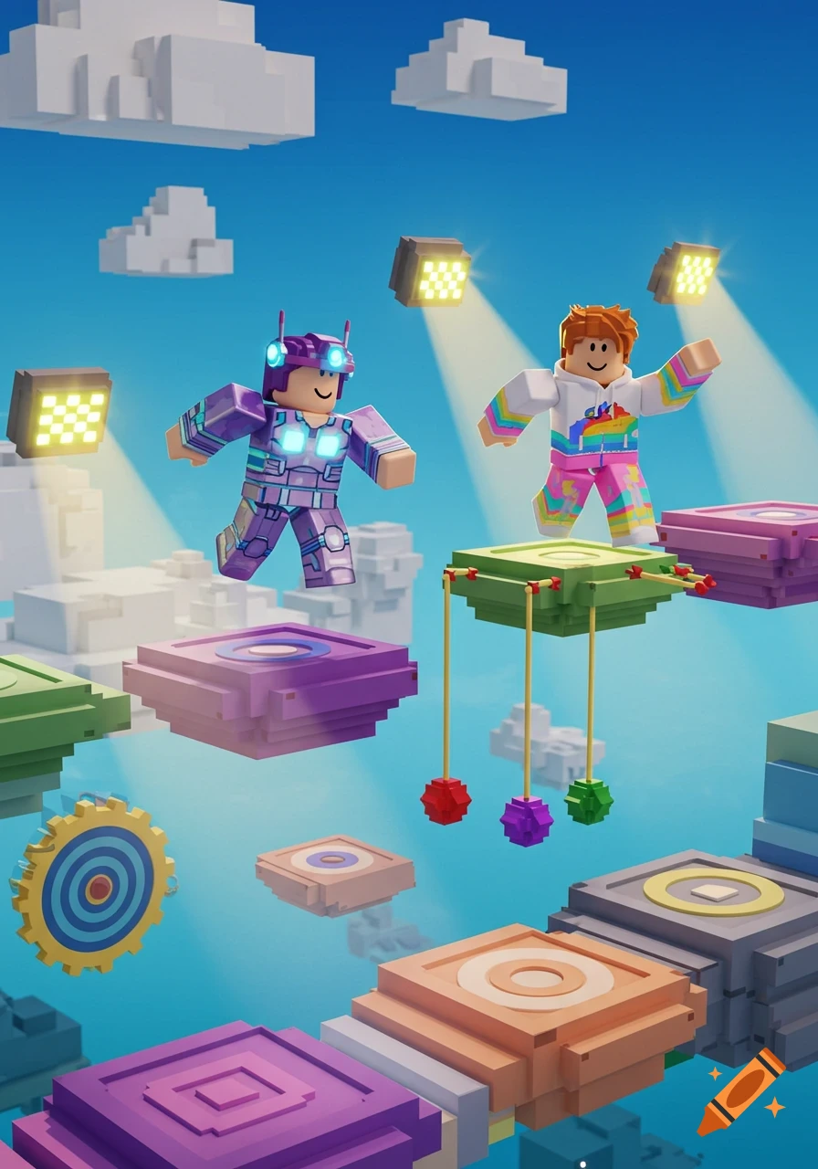 Two Roblox characters in a colorful sky obstacle course, jumping on floating platforms with lights and clouds in a voxel art style.