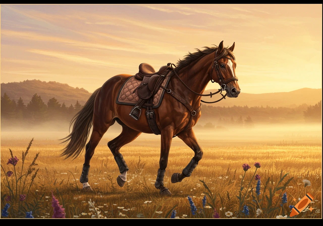 Brown horse with saddle and bridle trotting through a wildflower field at sunset, digital painting.
