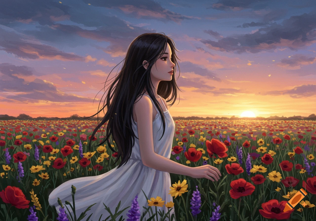 An anime-style illustration of a girl with long dark hair in a white dress walking through a field of red, yellow, and purple flowers at sunset.