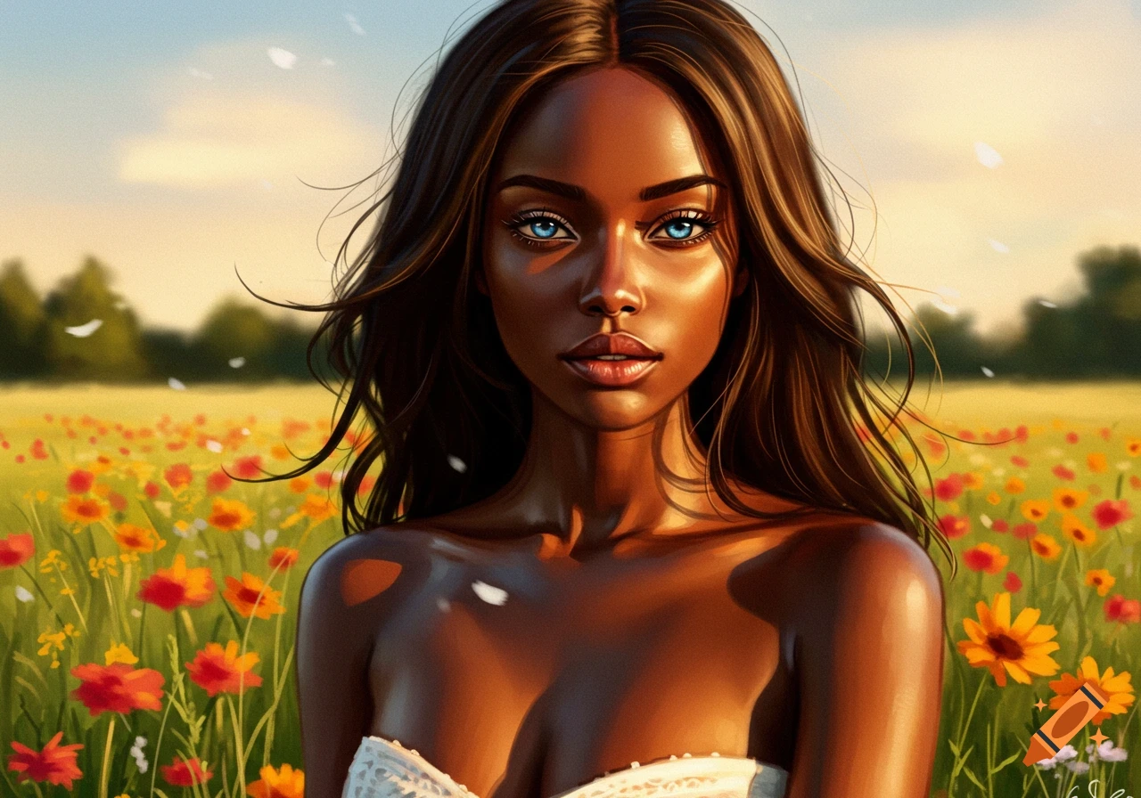 A beautiful brown-skinned woman with striking blue eyes looks forward, standing in a field of orange and red flowers under a clear sky.