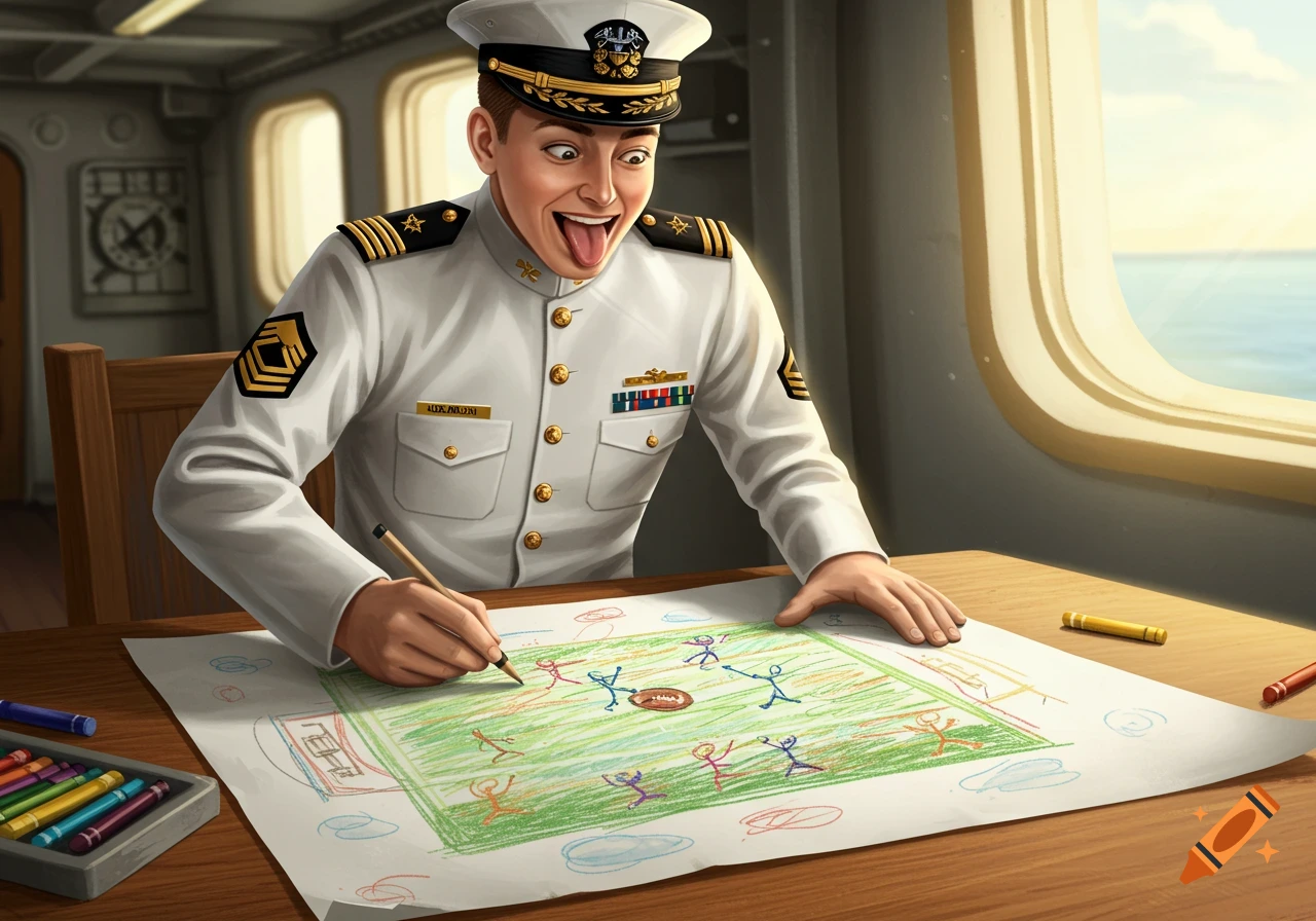 A naval midshipman with his tongue out draws a childish football game with crayons on a ship.
