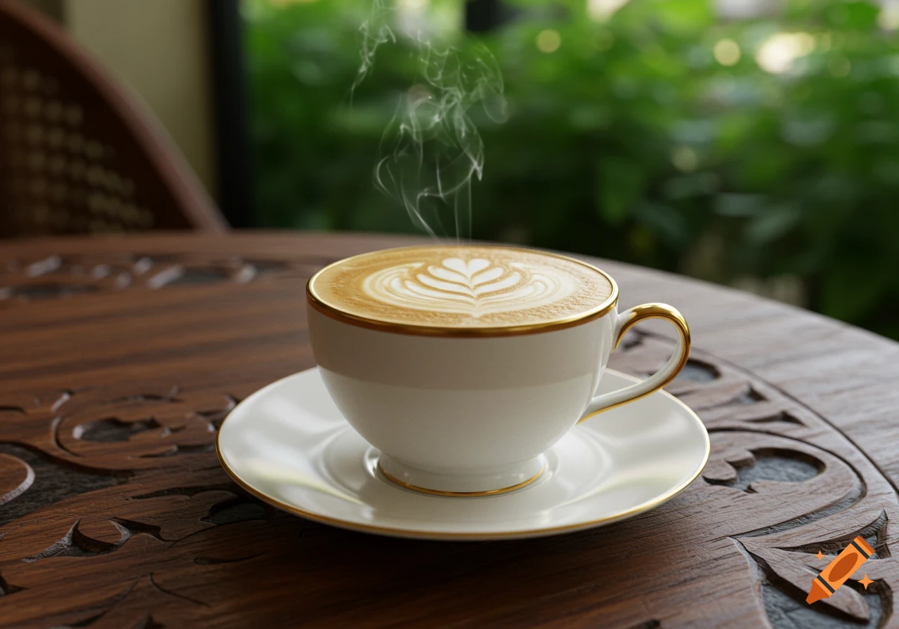 A steaming white cup with gold trim filled with latte art sits on a carved wooden table, against a blurred green background.