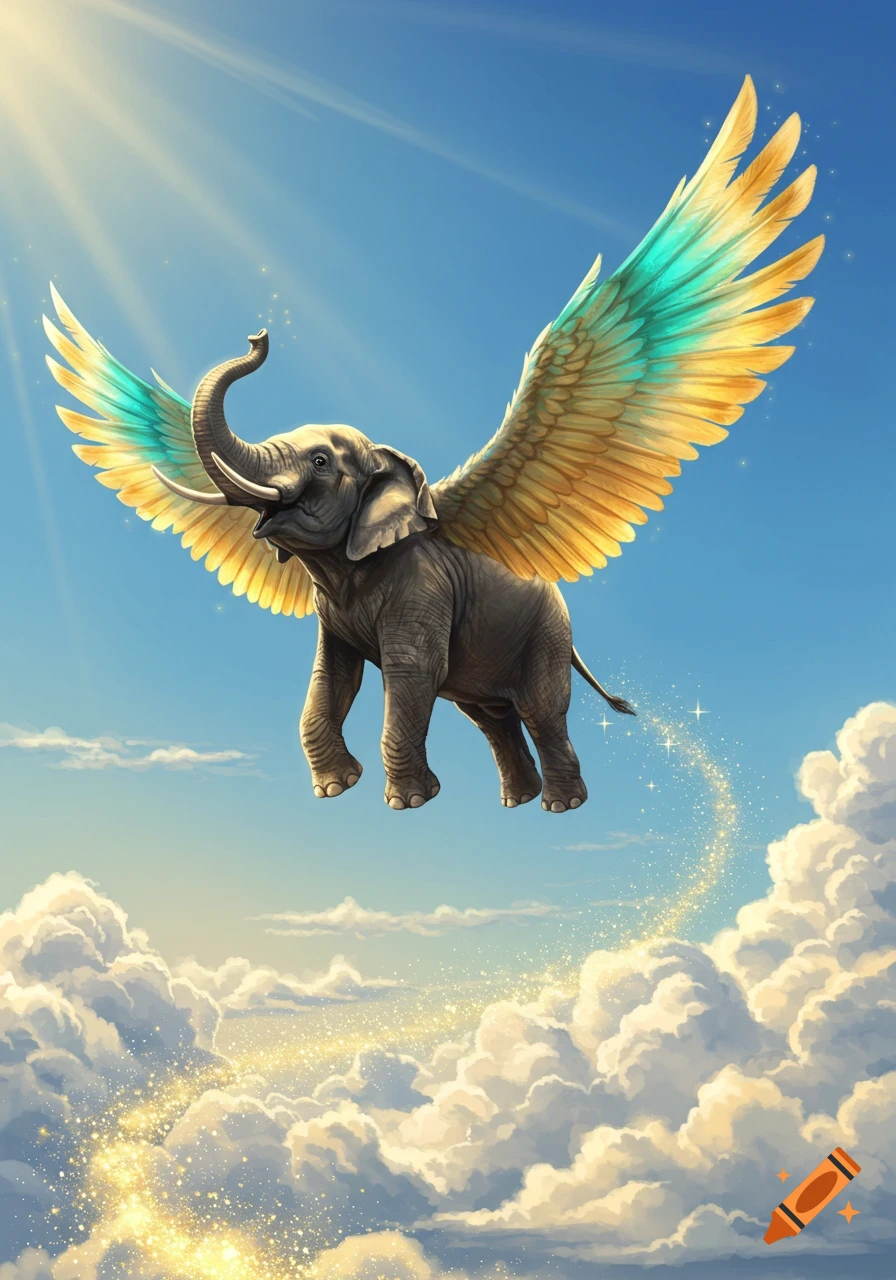 A majestic elephant with golden and teal wings flies through a bright blue sky, leaving a sparkling trail above white clouds. Digital art.