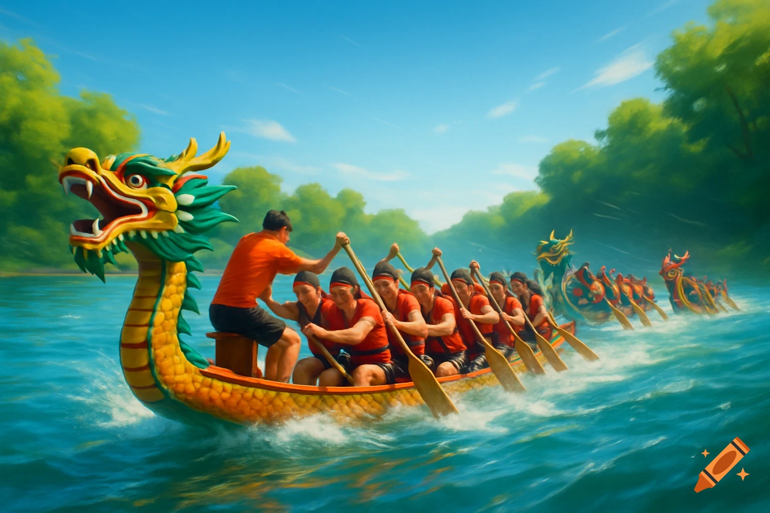 A colorful dragon boat filled with paddlers in red shirts races across blue water under a clear sky, with other boats in the distance.