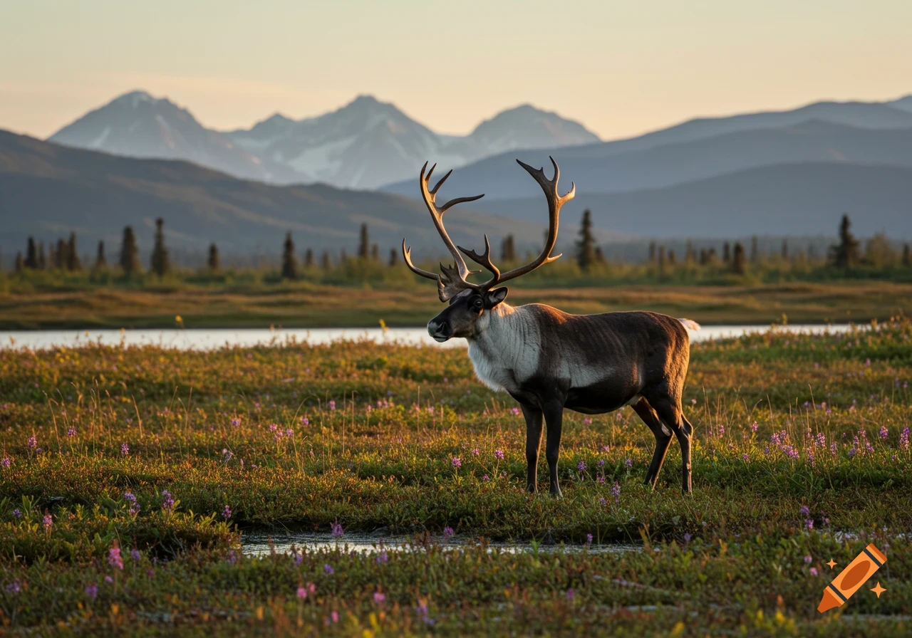 A majestic caribou with large antlers stands in a sunlit grassy field with purple wildflowers, a lake, and snow-capped mountains in the background.