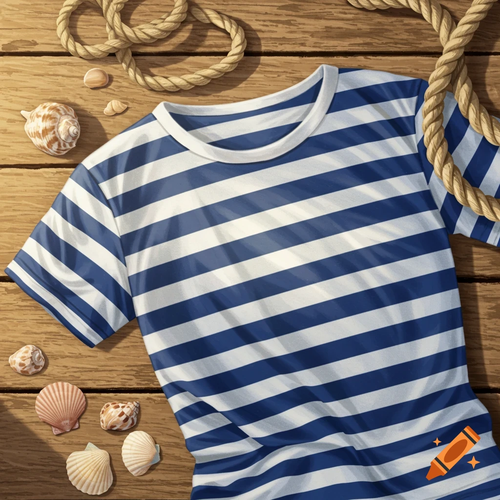 A blue and white striped sailor shirt, seashells, and rope are arranged on a wooden surface, viewed from above.