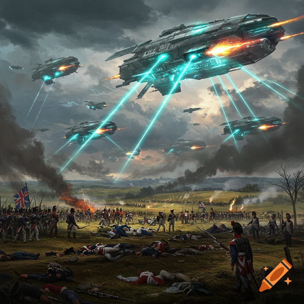 Futuristic spaceships hover above a historical battleground, firing beams at soldiers fighting in a dramatic, smoke-filled landscape.