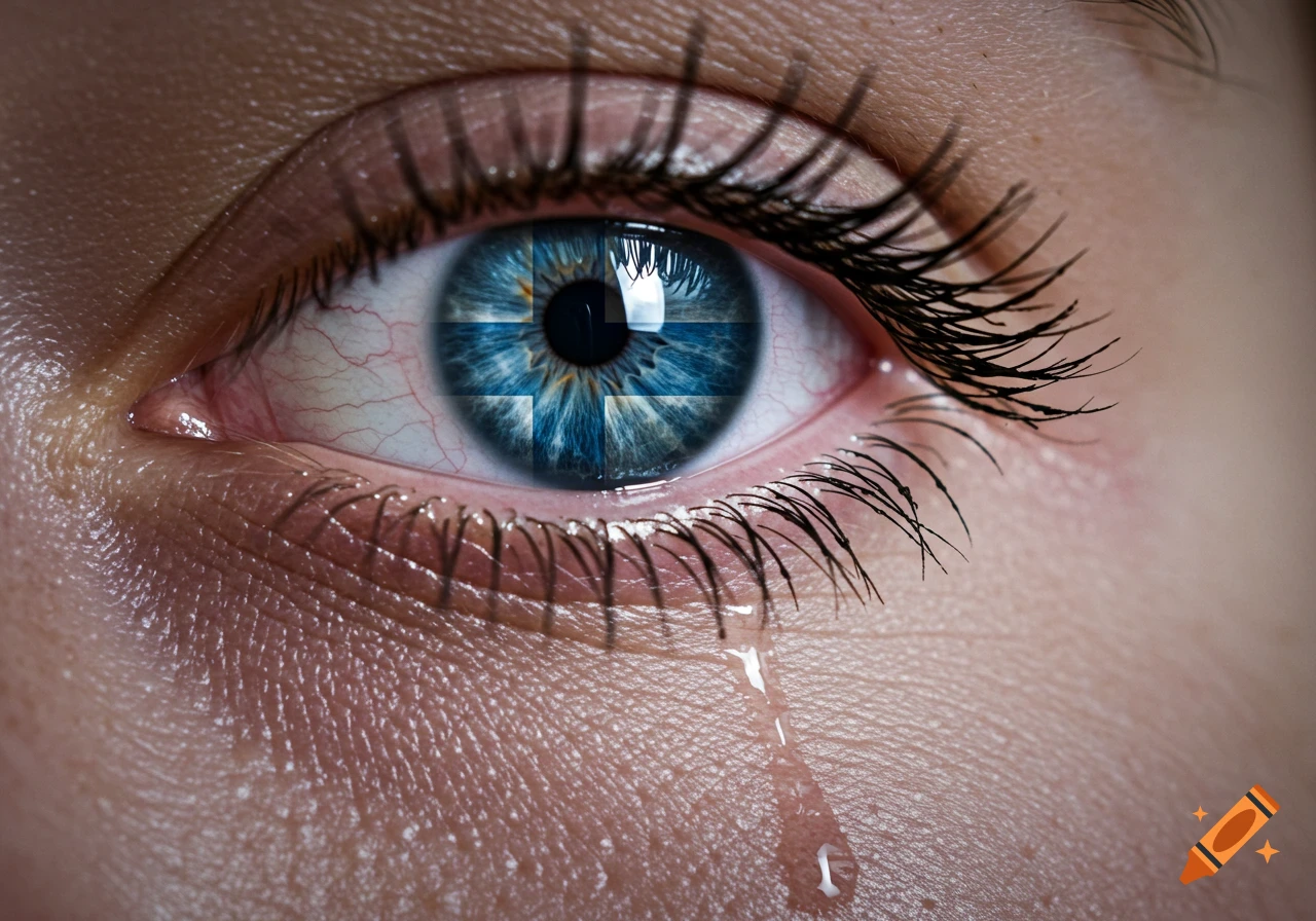 Close-up of a blue eye crying, with the Finnish national flag reflected in the iris.