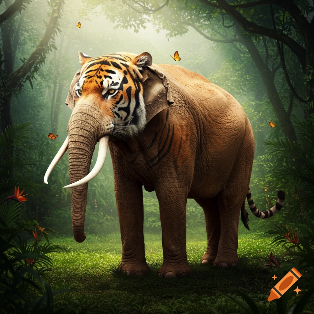 A majestic elephant-tiger hybrid with tusks and stripes stands in a lush, sunlit jungle with butterflies.