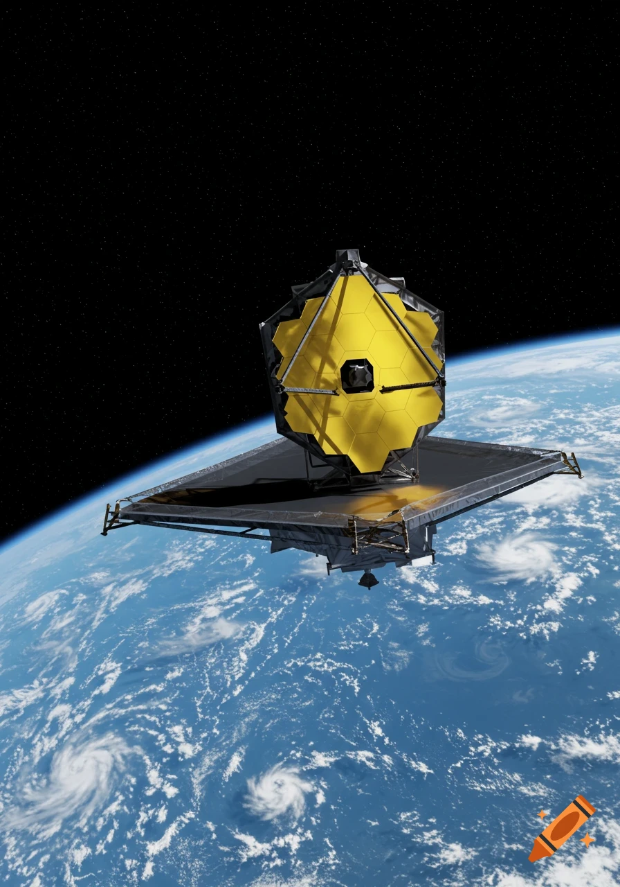 A photorealistic image of the James Webb Space Telescope with its gold hexagonal mirror, orbiting Earth.