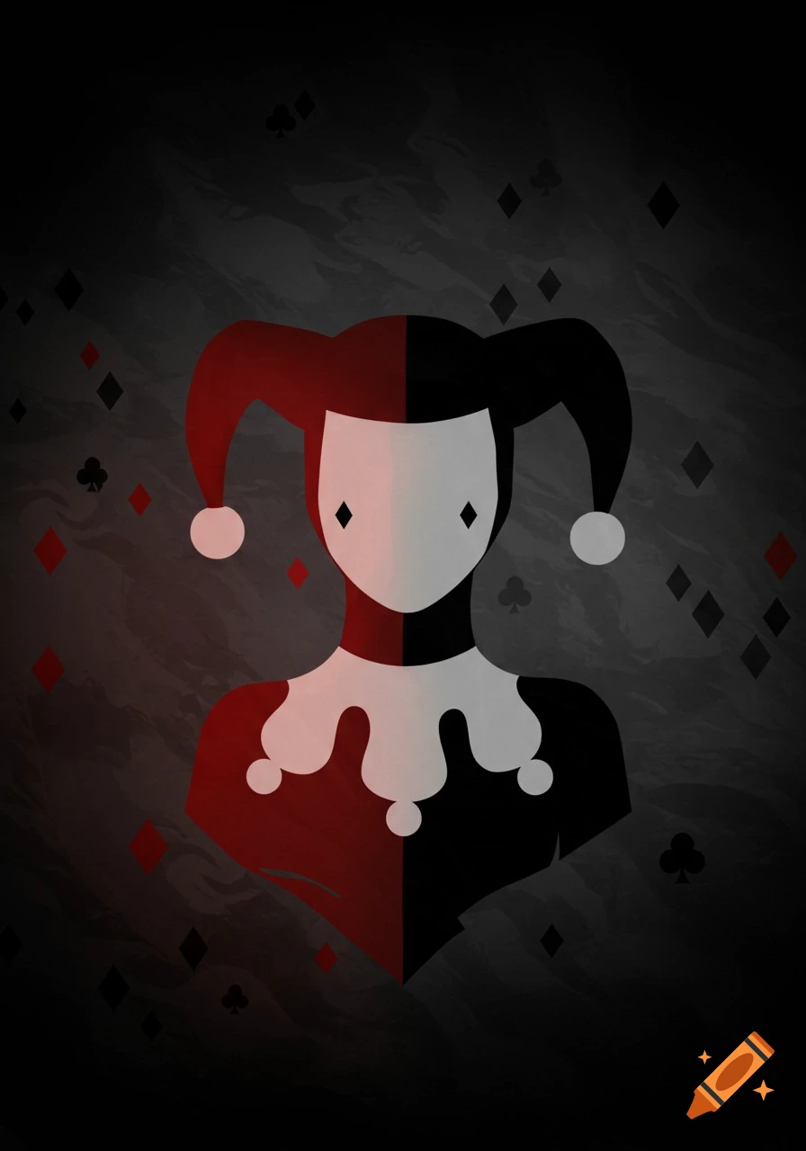 Minimalist illustration of a jester-like character with a split red and black hat and costume, diamond eyes, on a dark textured background with playing card symbols.