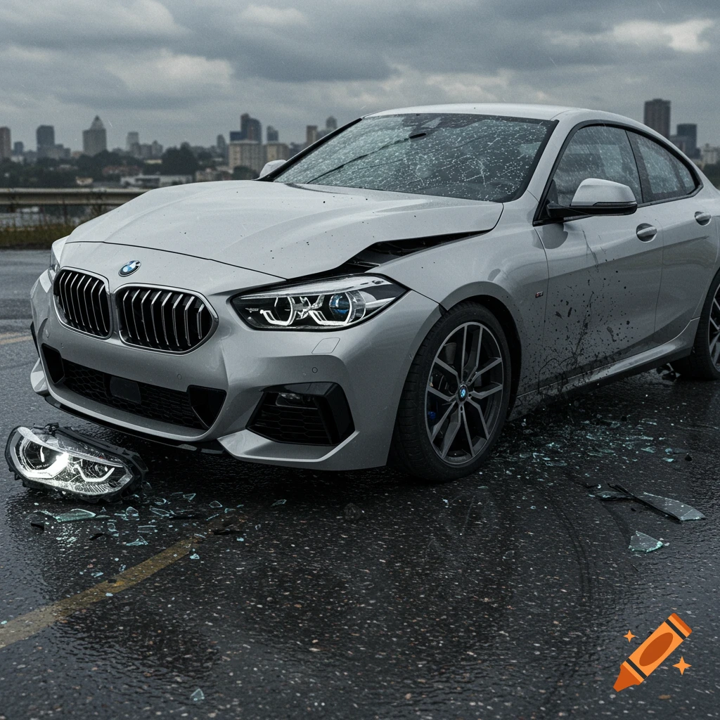 A crashed silver BMW 2 Series Gran Coup elies on a wet road, its headlight detached and glass shattered, with a city skyline in the background.