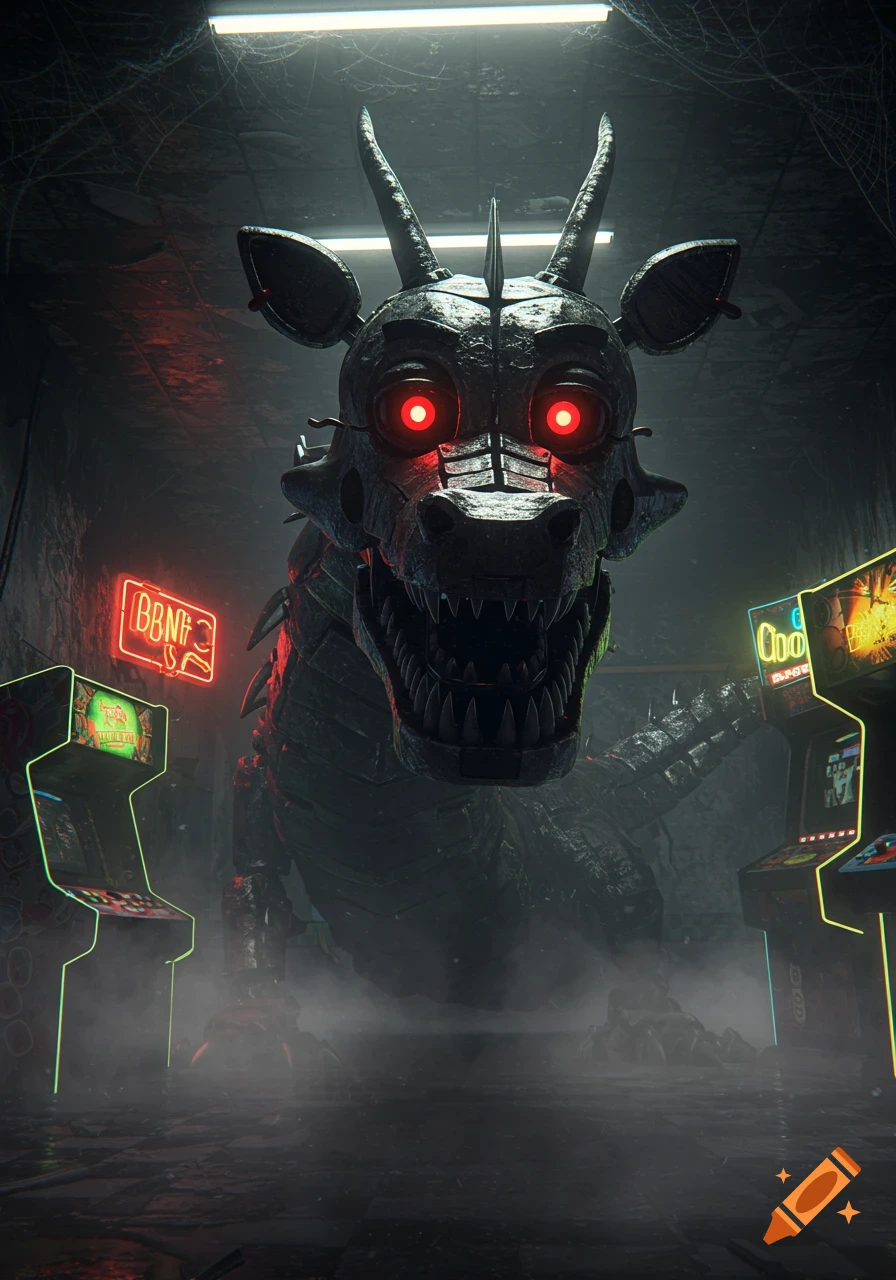A menacing animatronic dragon with glowing red eyes looms in a dark, foggy arcade filled with neon-lit game machines.