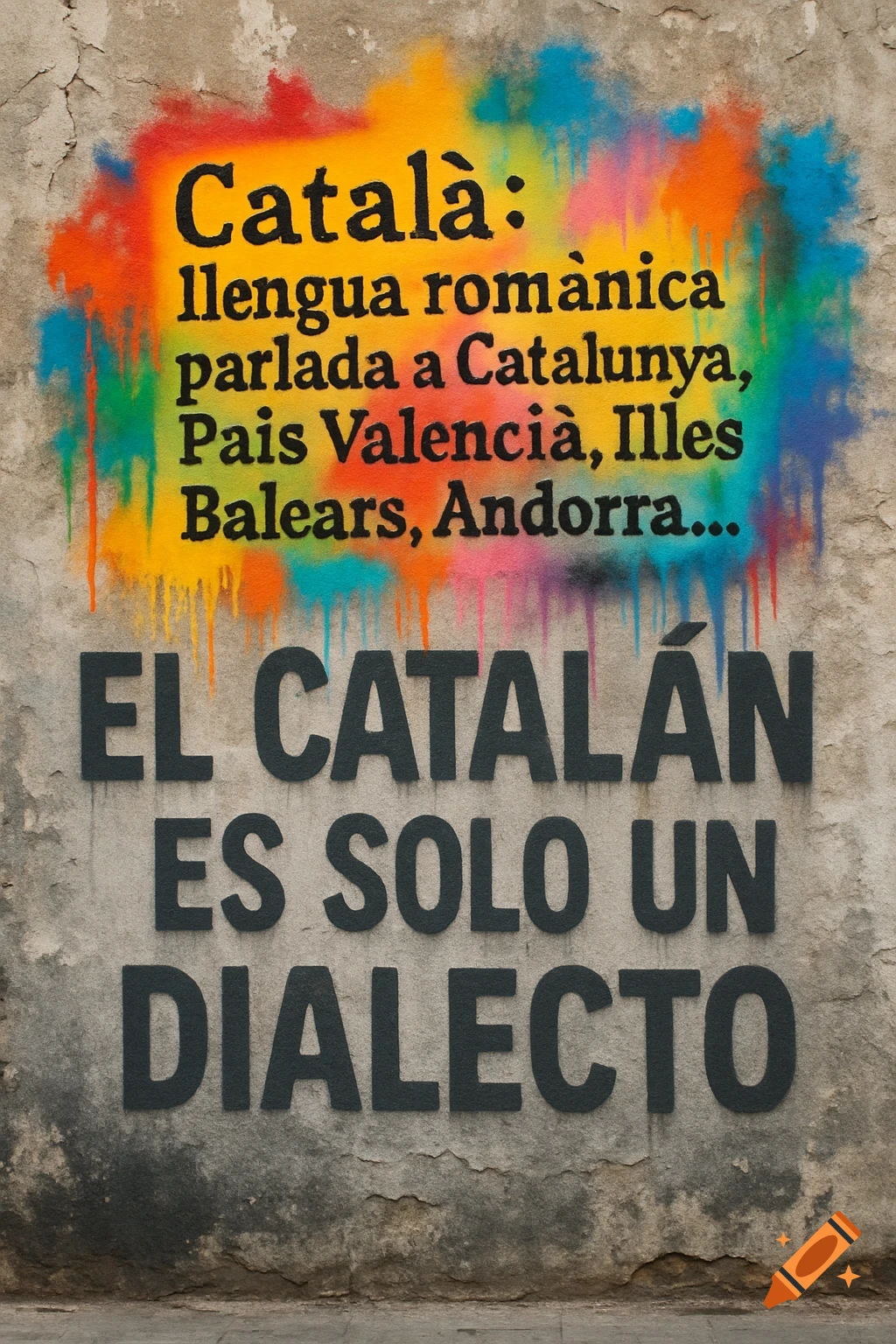 Graffiti on a concrete wall with colorful spray paint. Black text defines 'Català' as a Romance language, above 'EL CATALÁN ES SOLO UN DIALECTO'.