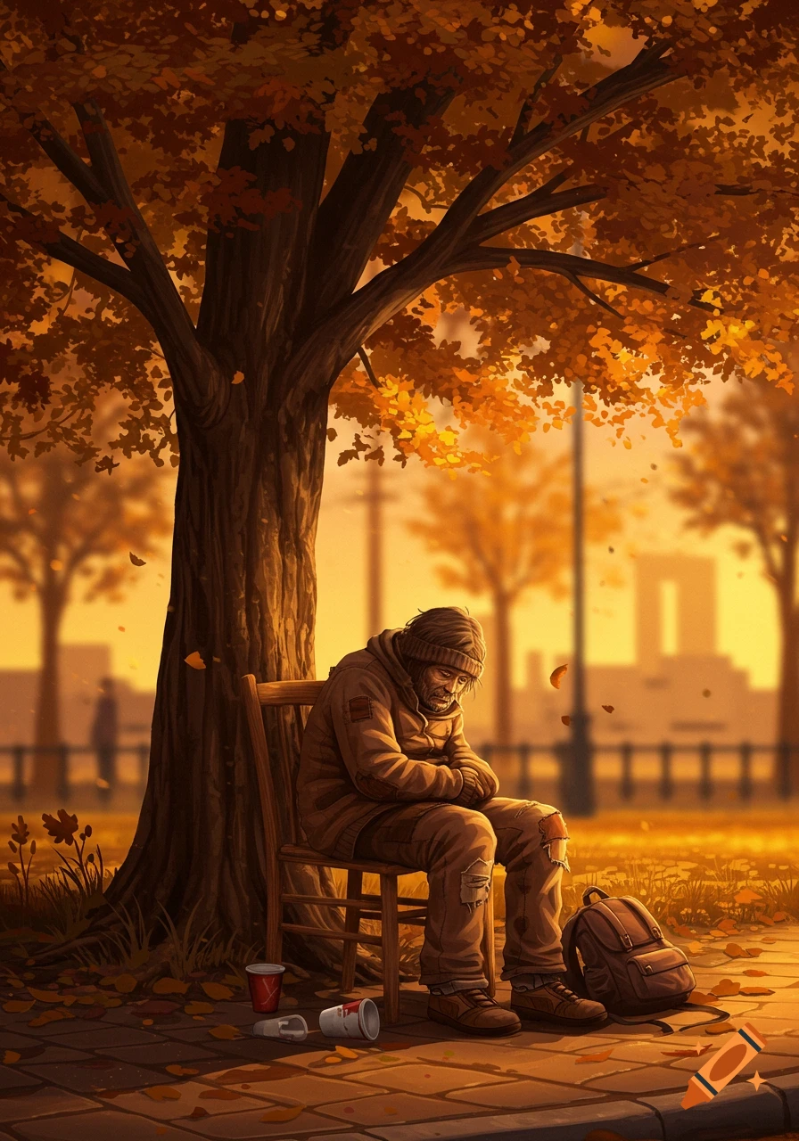 Digital art of a homeless man sitting on a chair under an autumn tree, surrounded by fallen leaves at sunset.