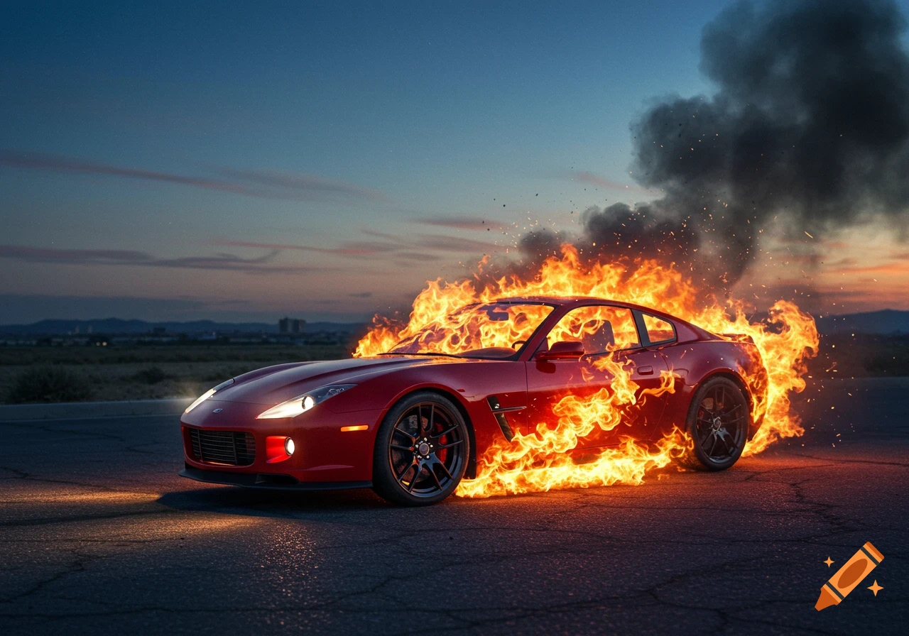 A red sports car engulfed in bright flames on an asphalt road at dusk, with smoke rising into the evening sky.
