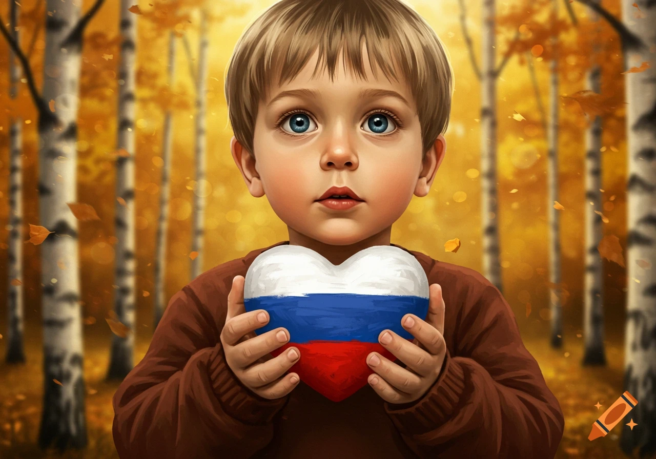 A young boy with big blue eyes holds a heart painted with the Russian flag in an autumn forest with falling leaves.