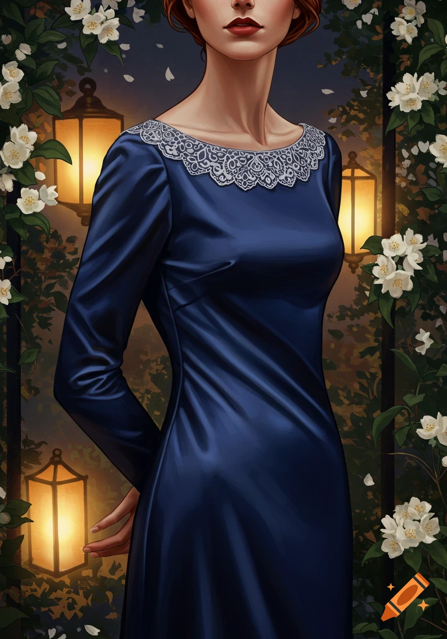 Illustration of a woman in a dark blue bateau neck gown, hands clasped behind her, surrounded by glowing lanterns and jasmine flowers.