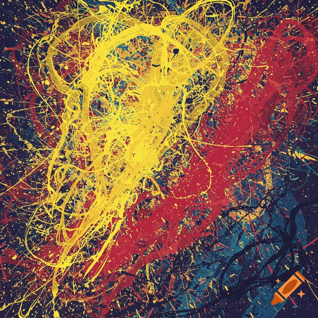 Abstract painting with yellow, red, and blue paint splatters and drips on a dark background, in the style of Jackson Pollock.