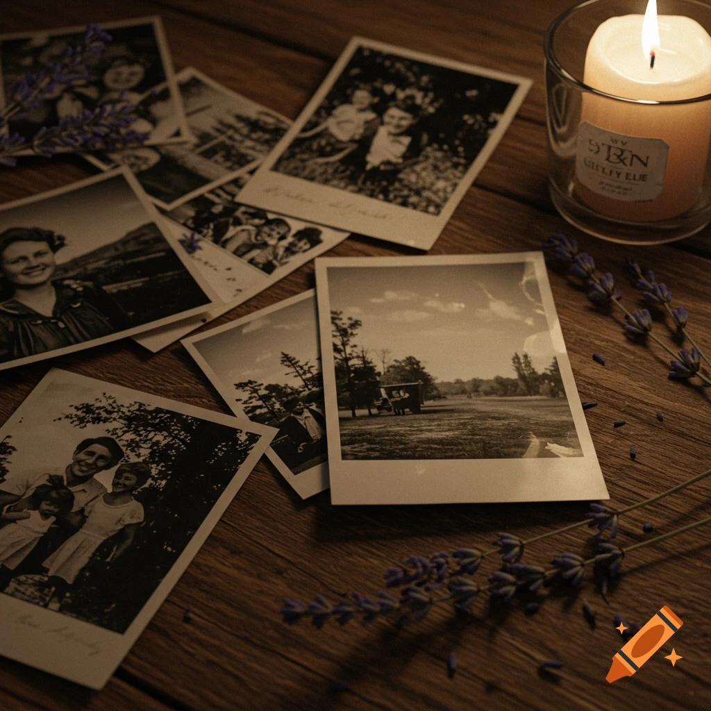 Black and white vintage instant photos, a lit candle in a glass, and sprigs of lavender are scattered on a wooden table.