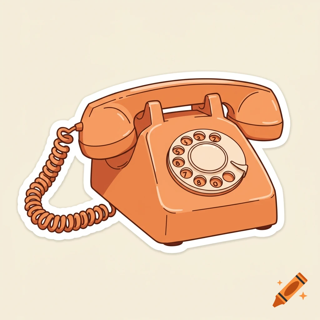 A flat, cartoon-style digital illustration of a light orange vintage landline telephone with a coiled cord and rotary dial, on a soft white background.