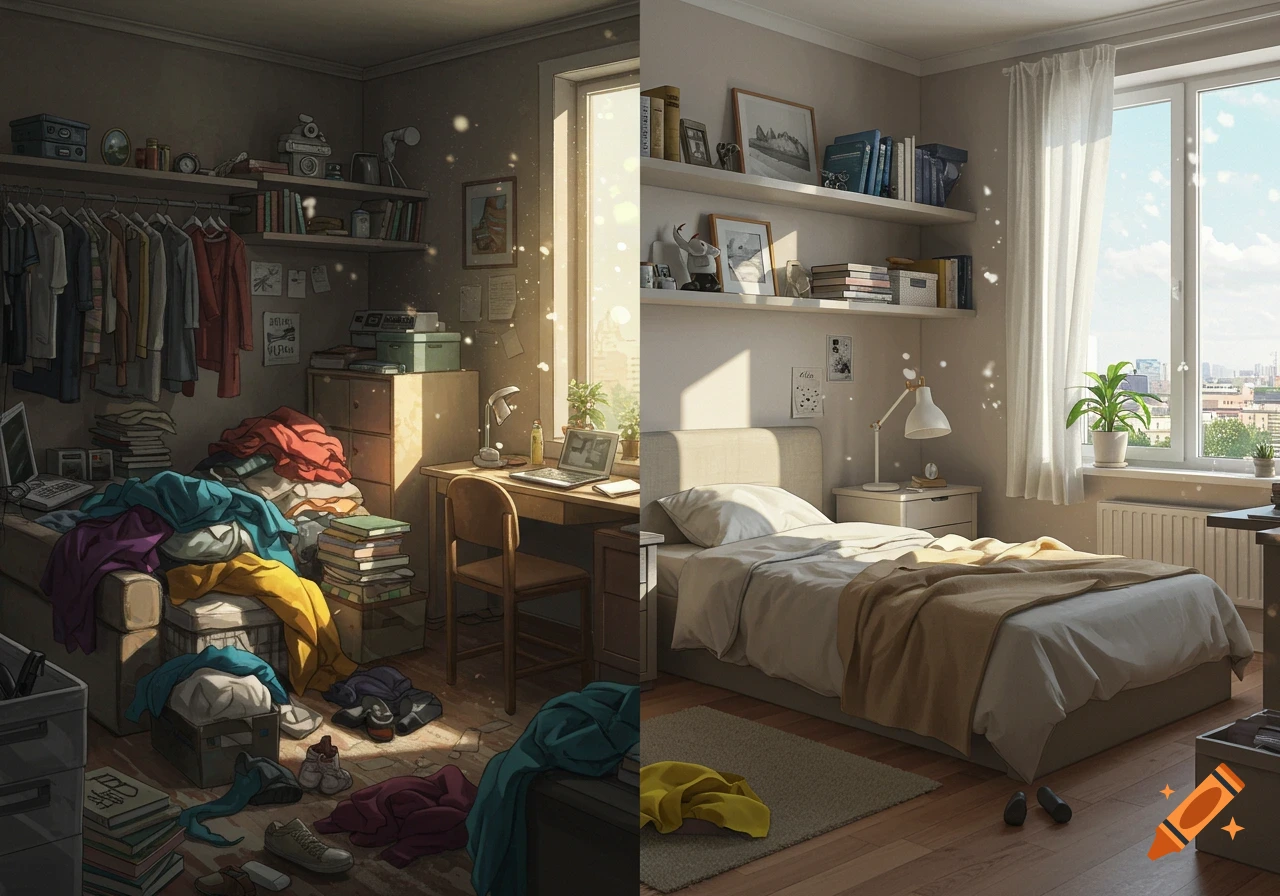 A split image showing a messy room with clothes and items scattered on the left, and the same room tidy and clean on the right.