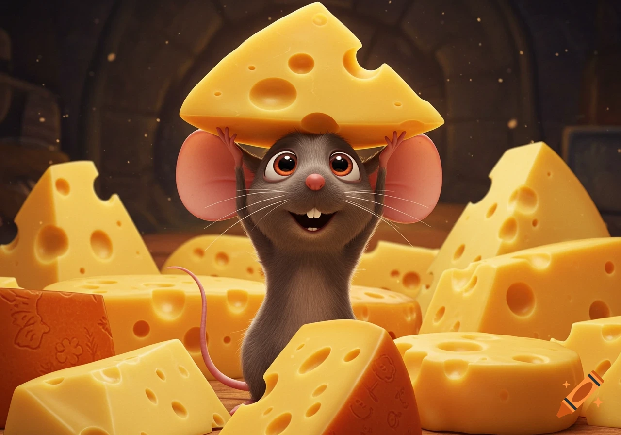 A cute, happy Pixar-style mouse holds a large Swiss cheese wedge over its head, surrounded by piles of cheese.