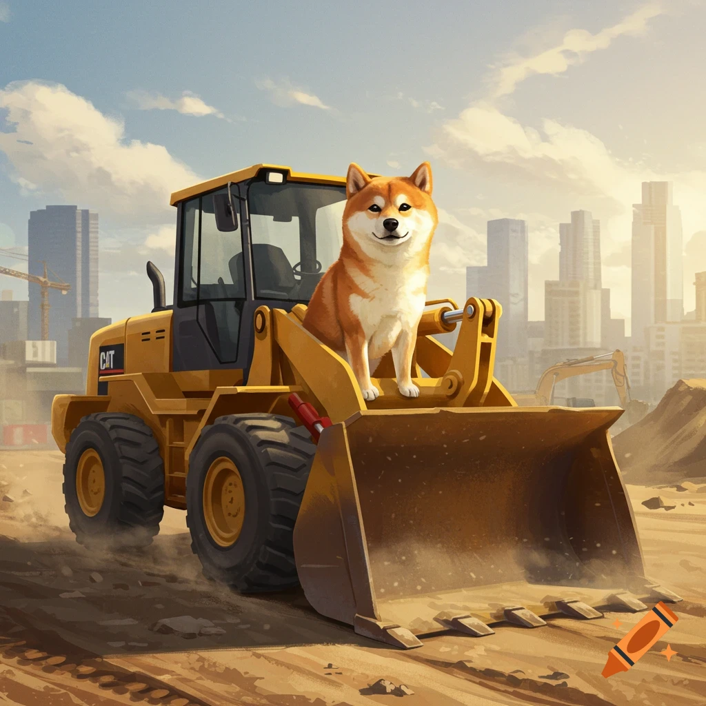 A smiling Shiba Inu dog sits in a yellow front-loader bucket at a construction site with city buildings in the background.