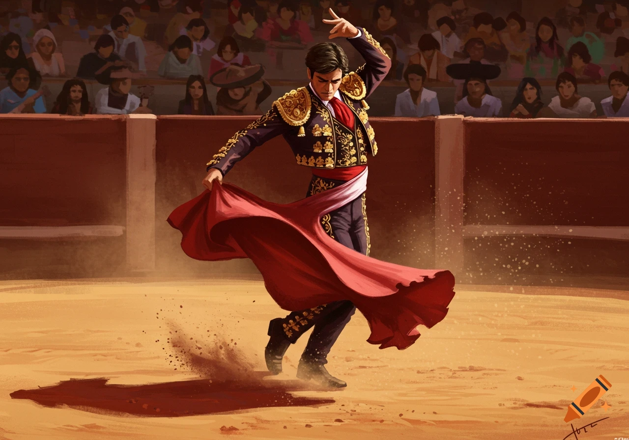 A bullfighter in ornate attire performs in a dusty arena, swirling a red cape while an audience watches.