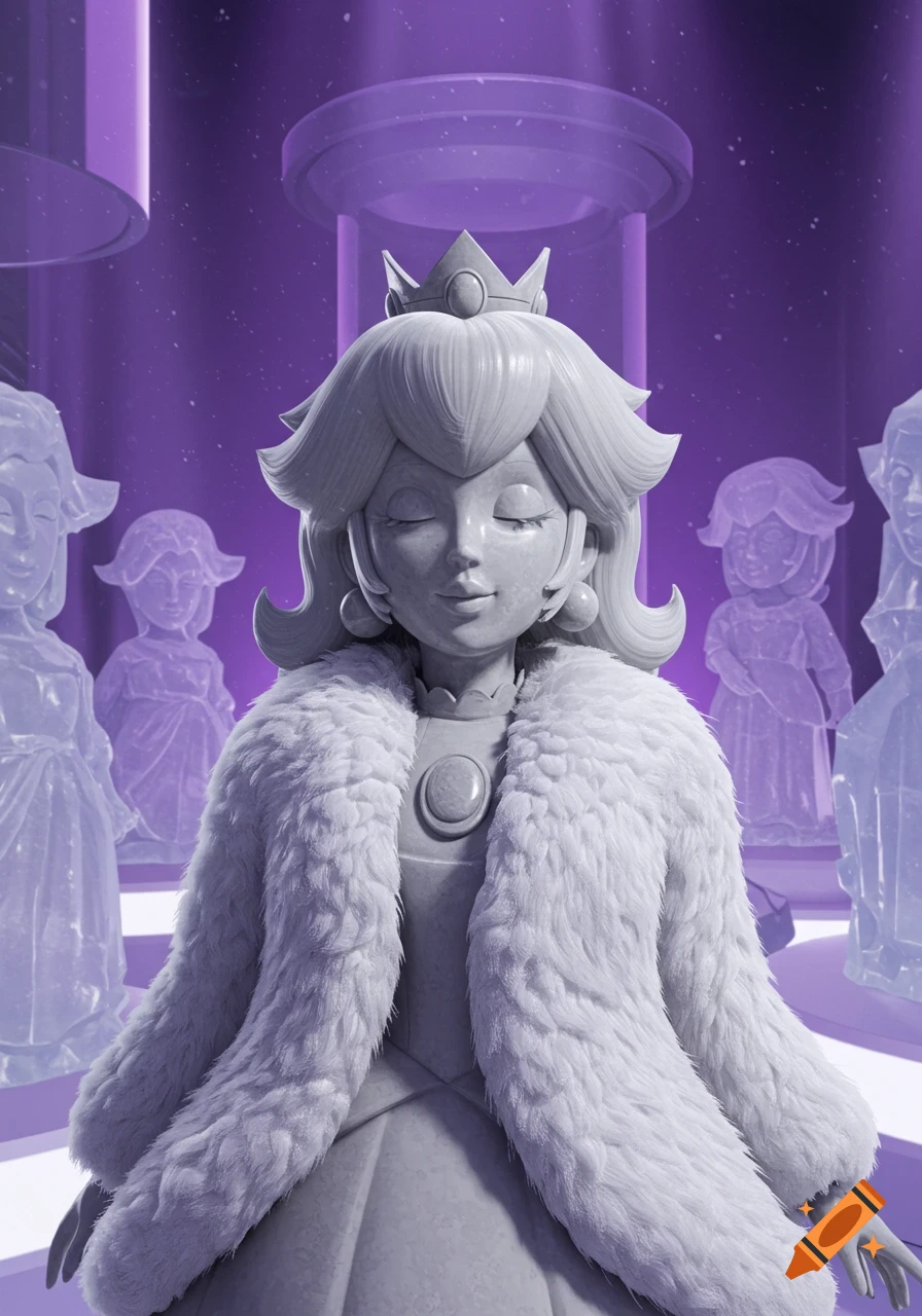 A stone statue of Princess Peach with closed eyes and a slight smile, wearing a white fur coat, in a purple-lit laboratory filled with other ice statues.
