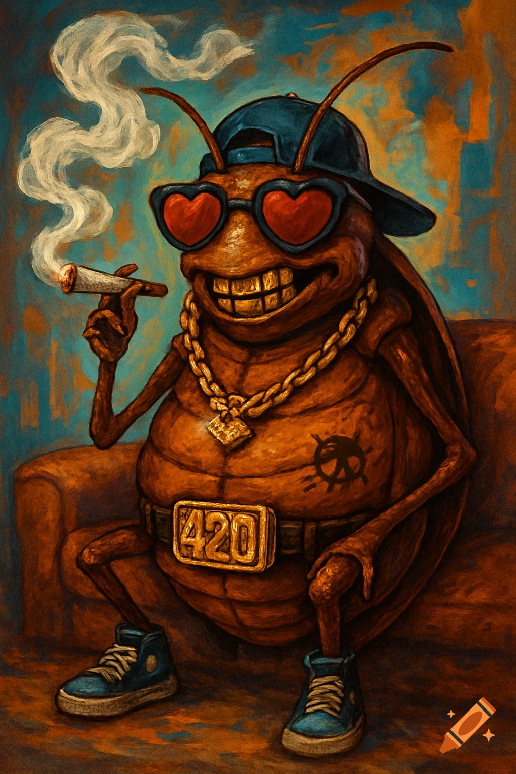 An anthropomorphic cockroach in a backward blue cap, heart-shaped red sunglasses, gold chain, blue sneakers, and a "420" belt buckle, smoking a joint on a couch, in a painted style.