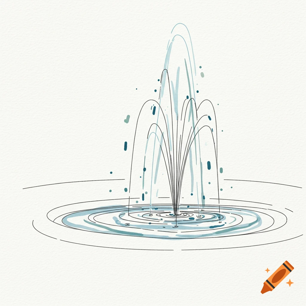 A minimalist line-art drawing of a fountain spraying water into a circular pool on a white background.
