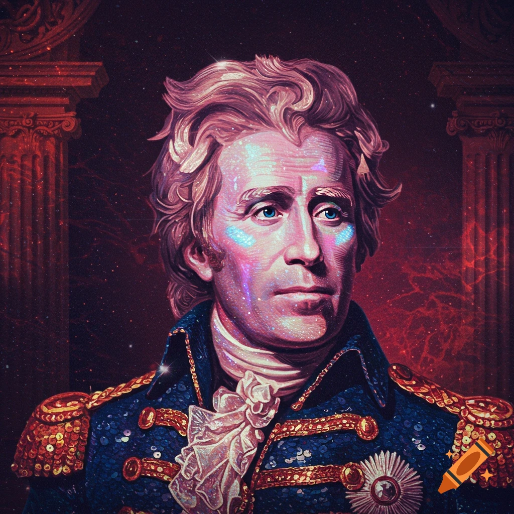Stylized portrait of Andrew Jackson with glitter effects, wearing a blue military uniform, against a red cosmic background.