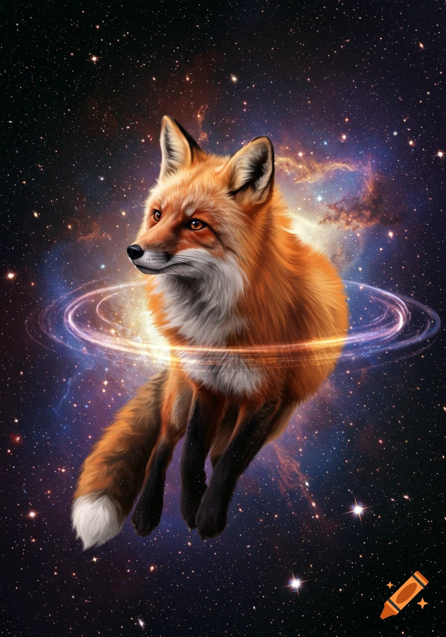 A red fox with glowing rings floats amidst a starry nebula in space.