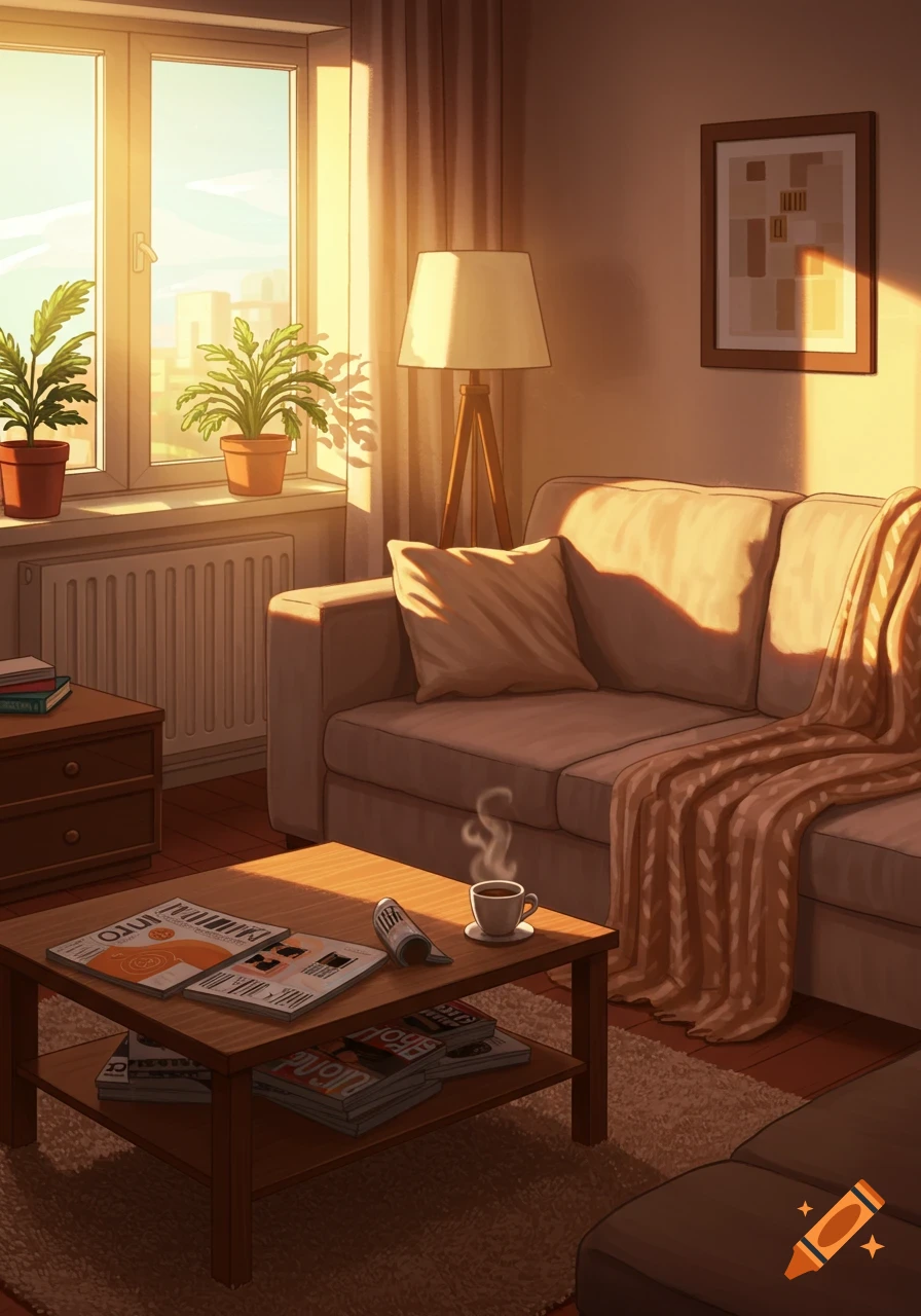 A cozy, sun-drenched anime-style living room with a sofa, a coffee table with magazines and a cup, plants by a window.