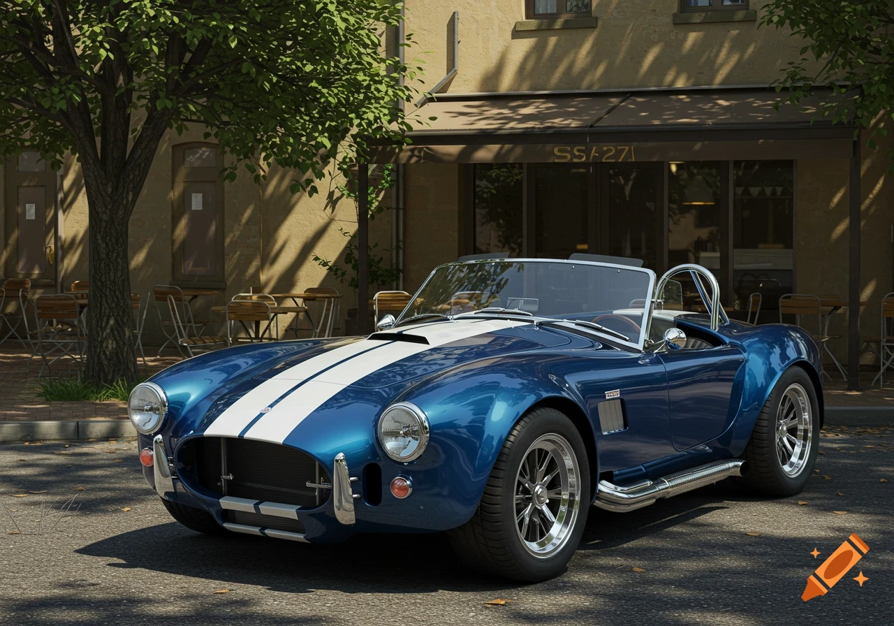 A blue metallic Shelby Cobra 427 with white racing stripes is parked on a sun-dappled street in front of a cafe.