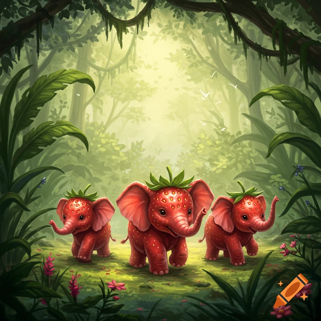 Three cute baby strawberry-elephant hybrids walk through a lush, sunlit jungle, surrounded by vibrant foliage and small flowers.