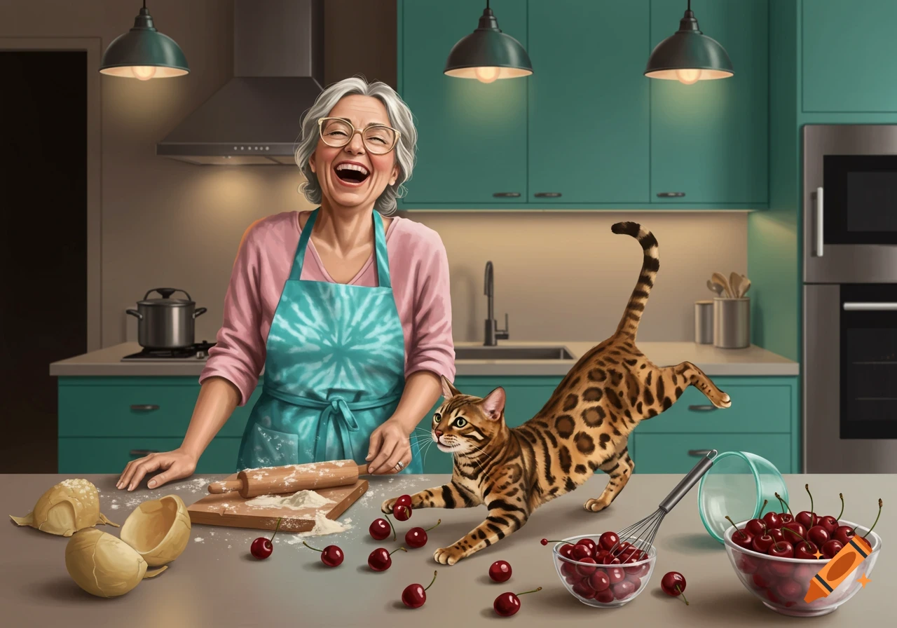 A laughing older woman in a tie-dye apron stands in a modern kitchen. A Bengal cat plays with cherries, flour, and baking tools on the counter.