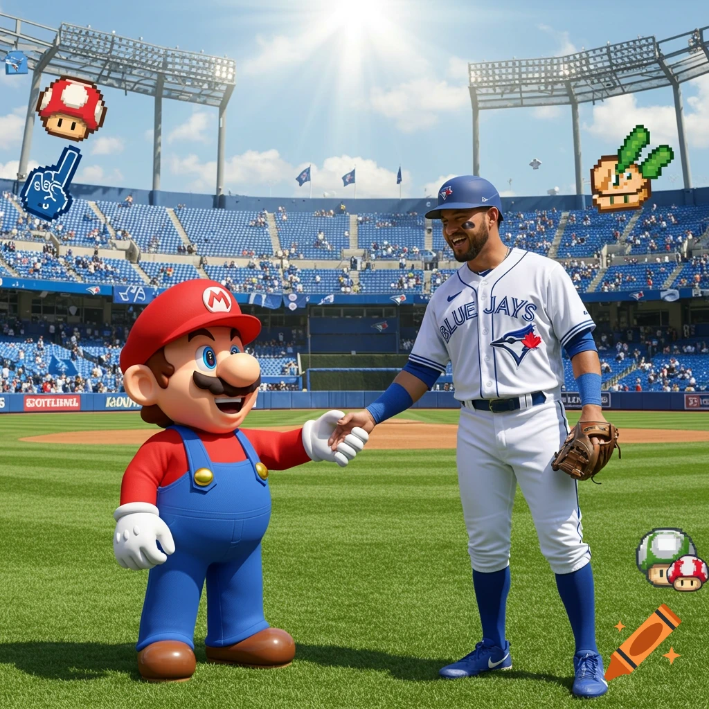 Super Mario and a Toronto Blue Jays baseball player shake hands on a baseball field with pixelated power-ups floating around.