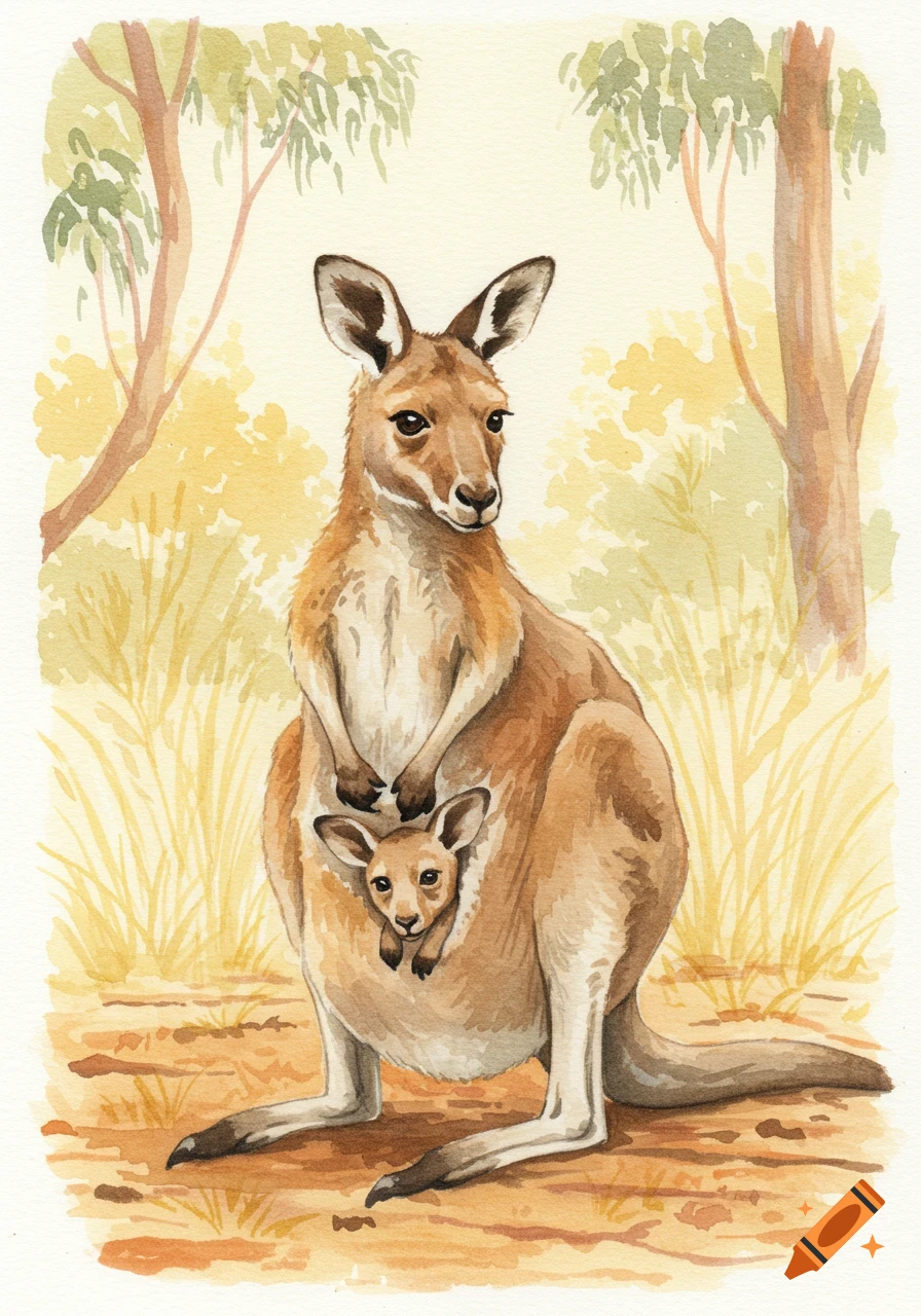 A watercolor illustration of a brown kangaroo mother with her joey peeking from her pouch in a natural setting.