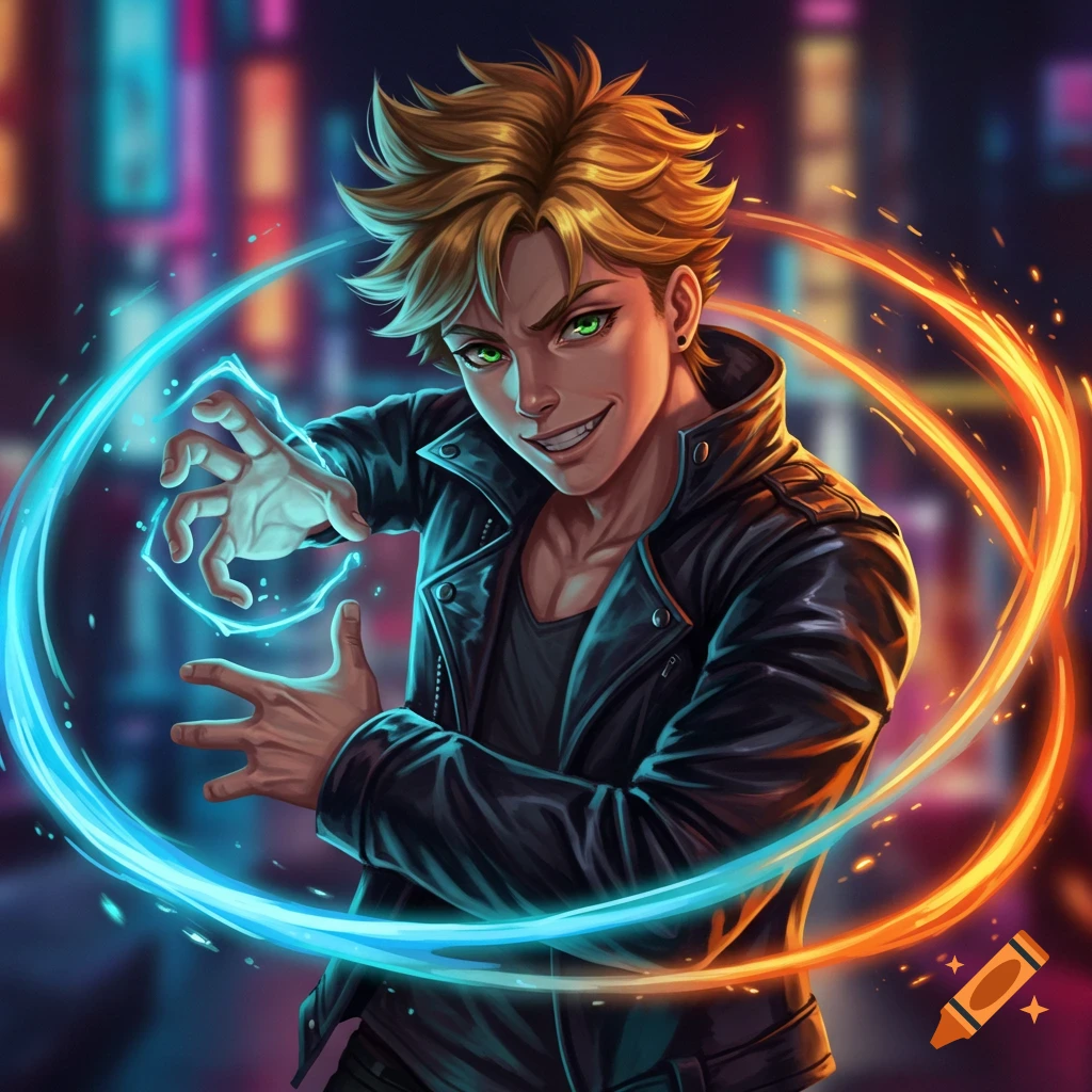 An anime male character with blonde hair and green eyes in a leather jacket smiles while casting blue and orange energy waves in a city.
