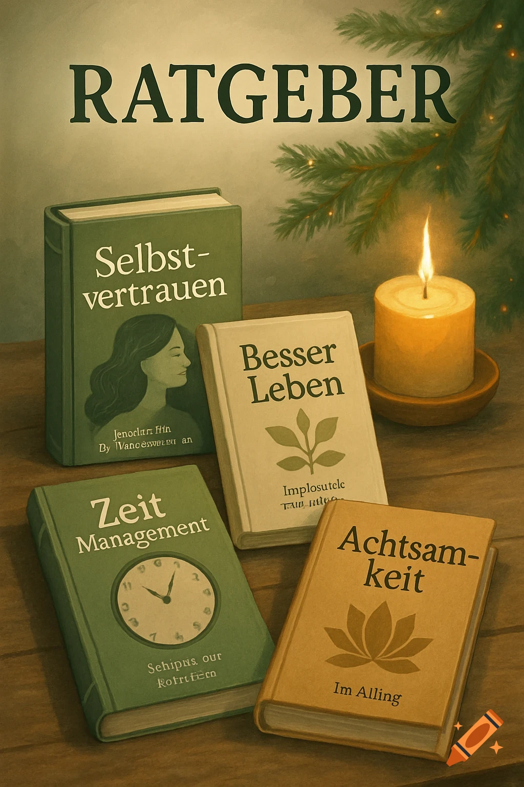 A semi-realistic still life features several German self-help books with titles like "Self-confidence," "Better Life," "Time Management," and "Mindfulness." A lit candle and pine branches with subtle lights add a festive, cozy touch.
