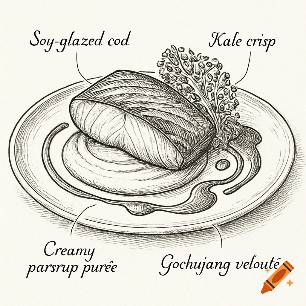 A professional line sketch of soy-glazed cod with parsnip puree, kale crisp, and gochujang veloute, labeled.