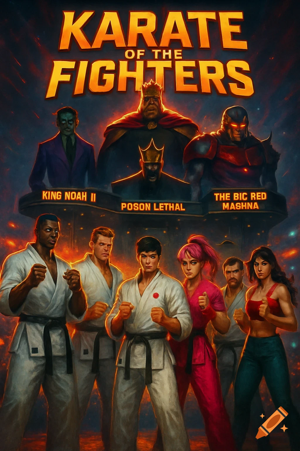 Dramatic game poster featuring six martial artists and three powerful bosses, with "KARATE OF THE FIGHTERS" text.