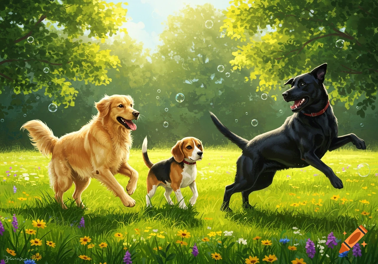 Three happy dogs, a Golden Retriever, a Beagle, and a black dog, run and play in a sunny, grassy park with bubbles.