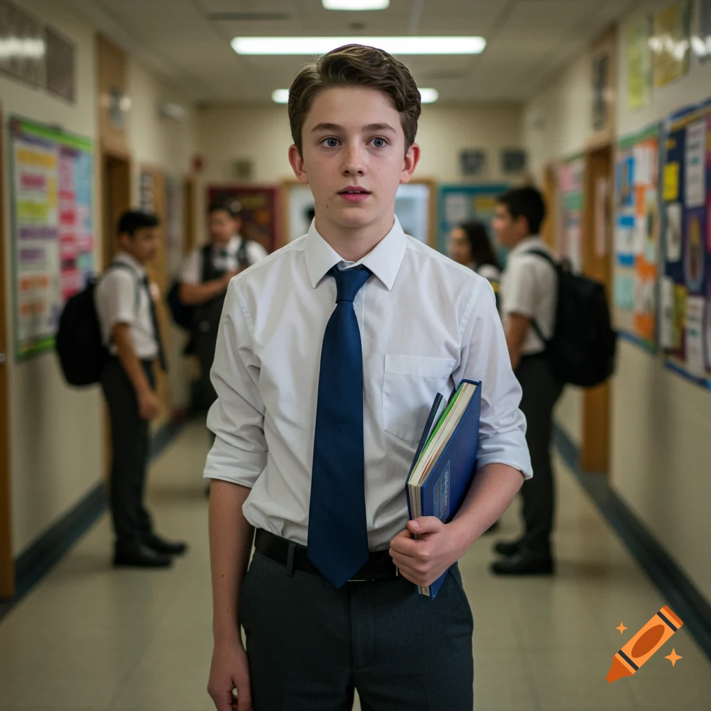 A young male student in a white shirt and blue tie holds books in a school hallway, looking at the camera.