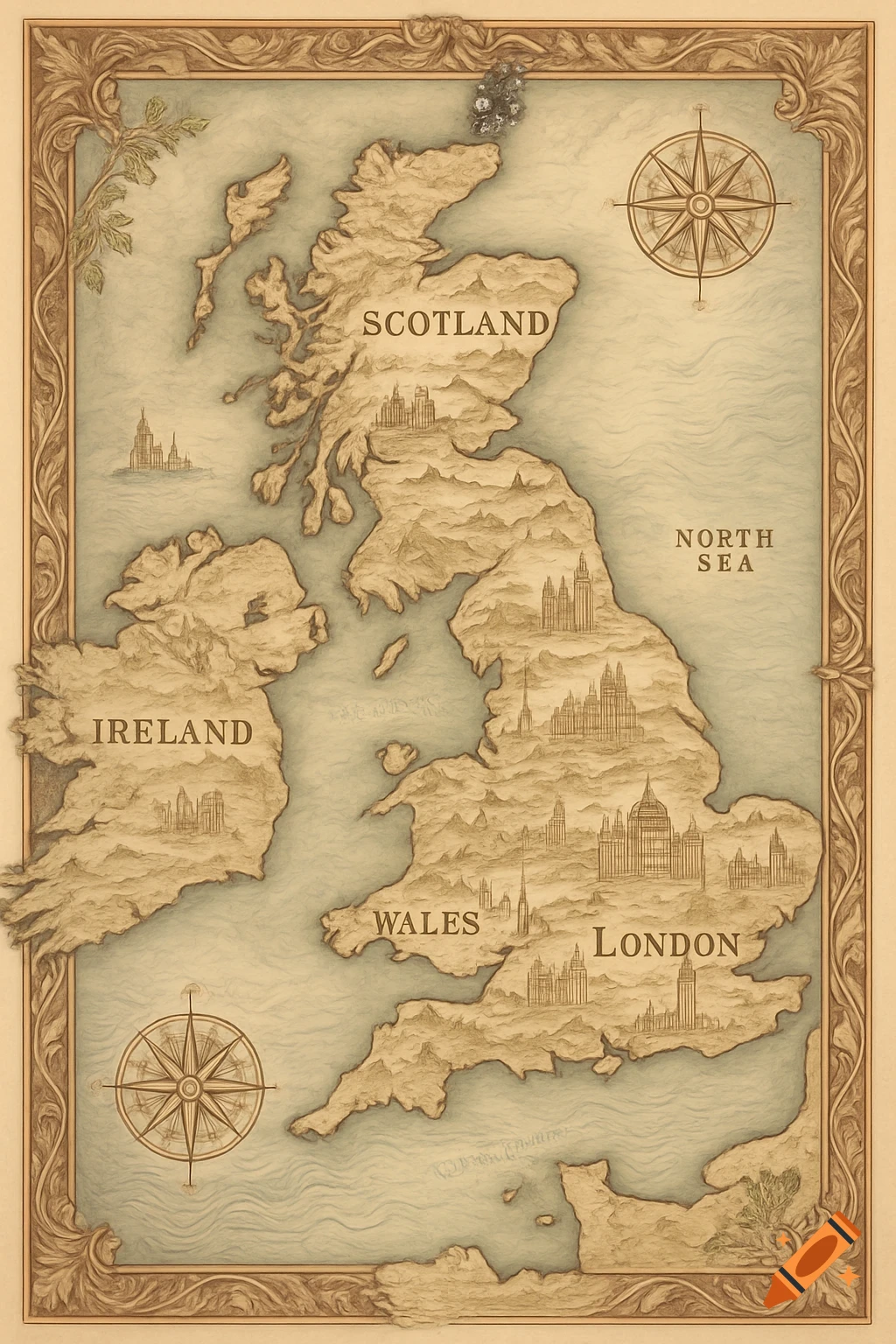 Vintage-style relief map of the United Kingdom and Ireland with labeled regions, city illustrations, and ornate borders.