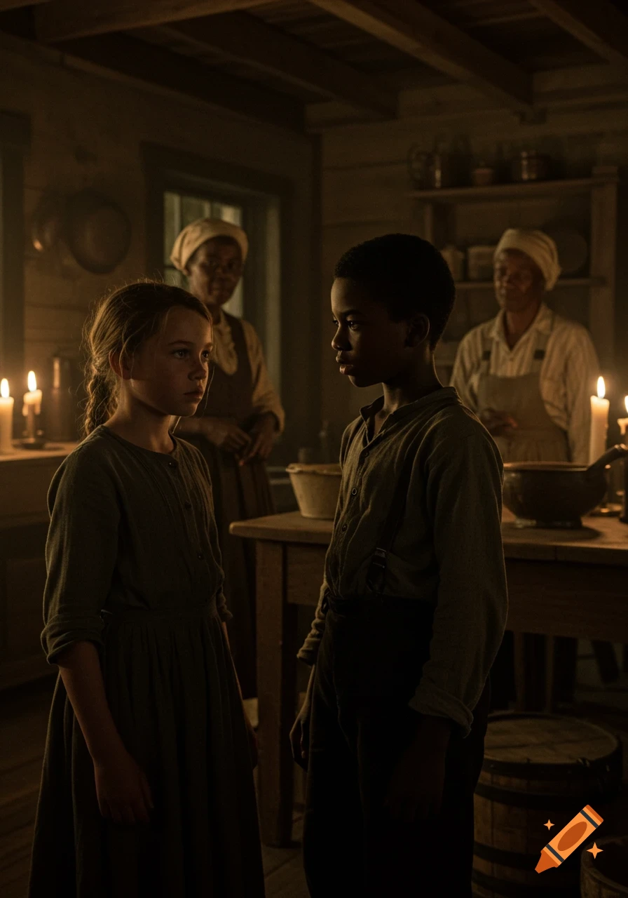 A young light-skinned girl talks to a dark-skinned boy in a dimly lit rustic kitchen, with two older adults in the background.