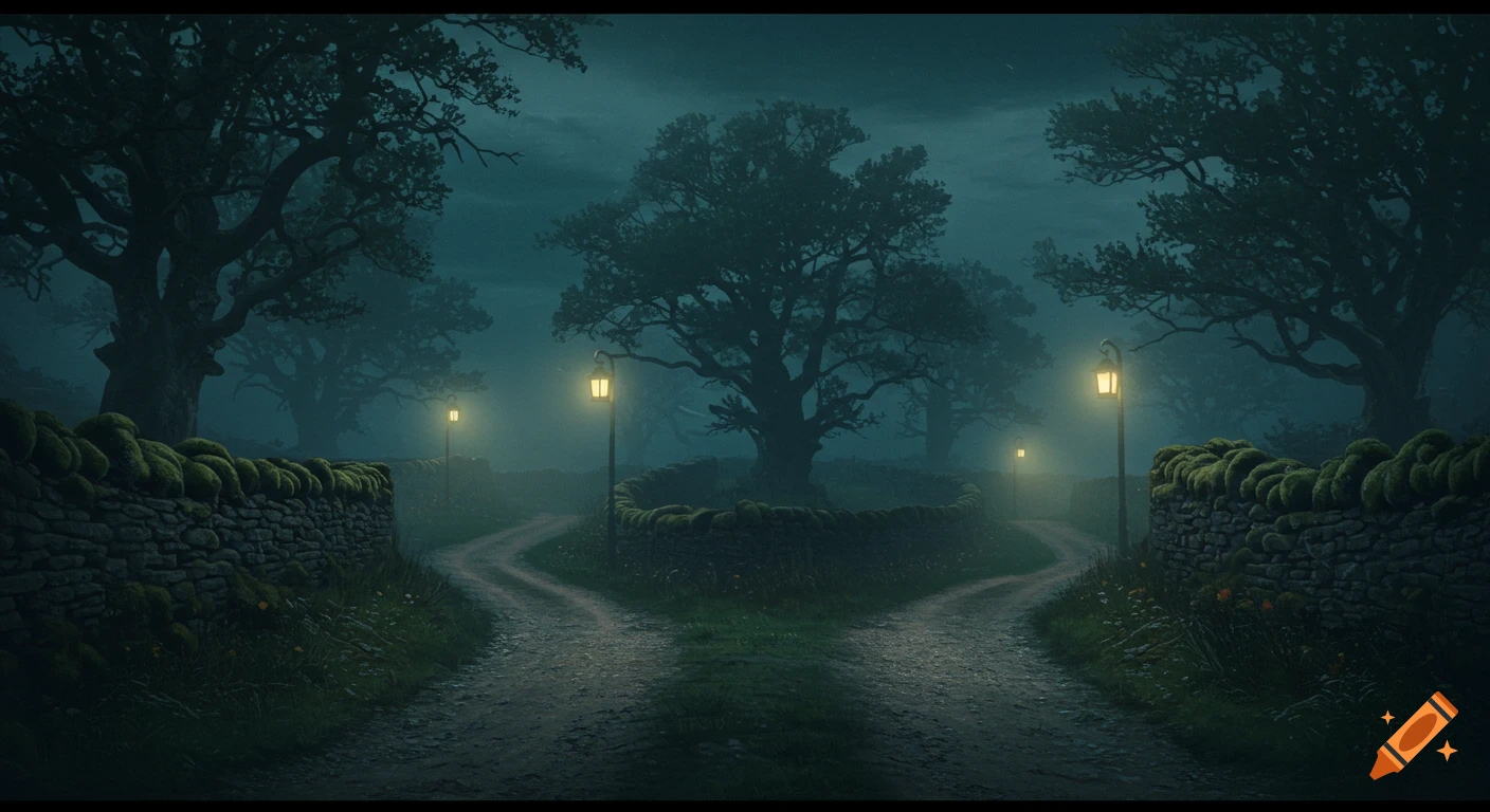 A dark, foggy night scene of a crossroads in an old countryside, with a stone wall and lanterns illuminating the path leading to a large tree.